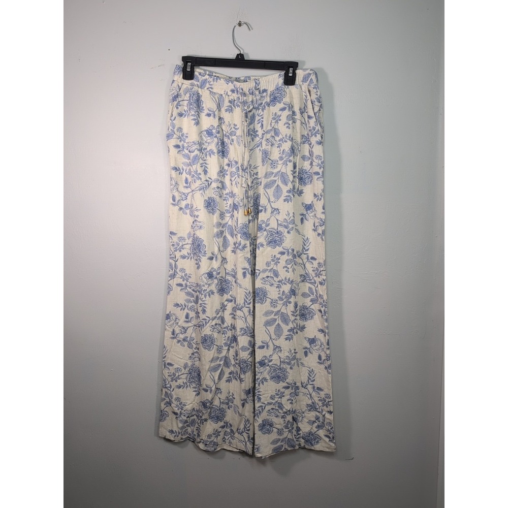 Allie Rose Linen Blend Wide Leg Pants Women's White And Blue Floral Large